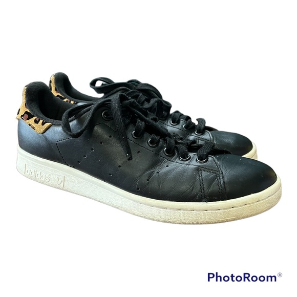 Adidas Stan Smith Black Leather & Leopard Print Sneakers Size 8.5 - Picture 3 of 6
